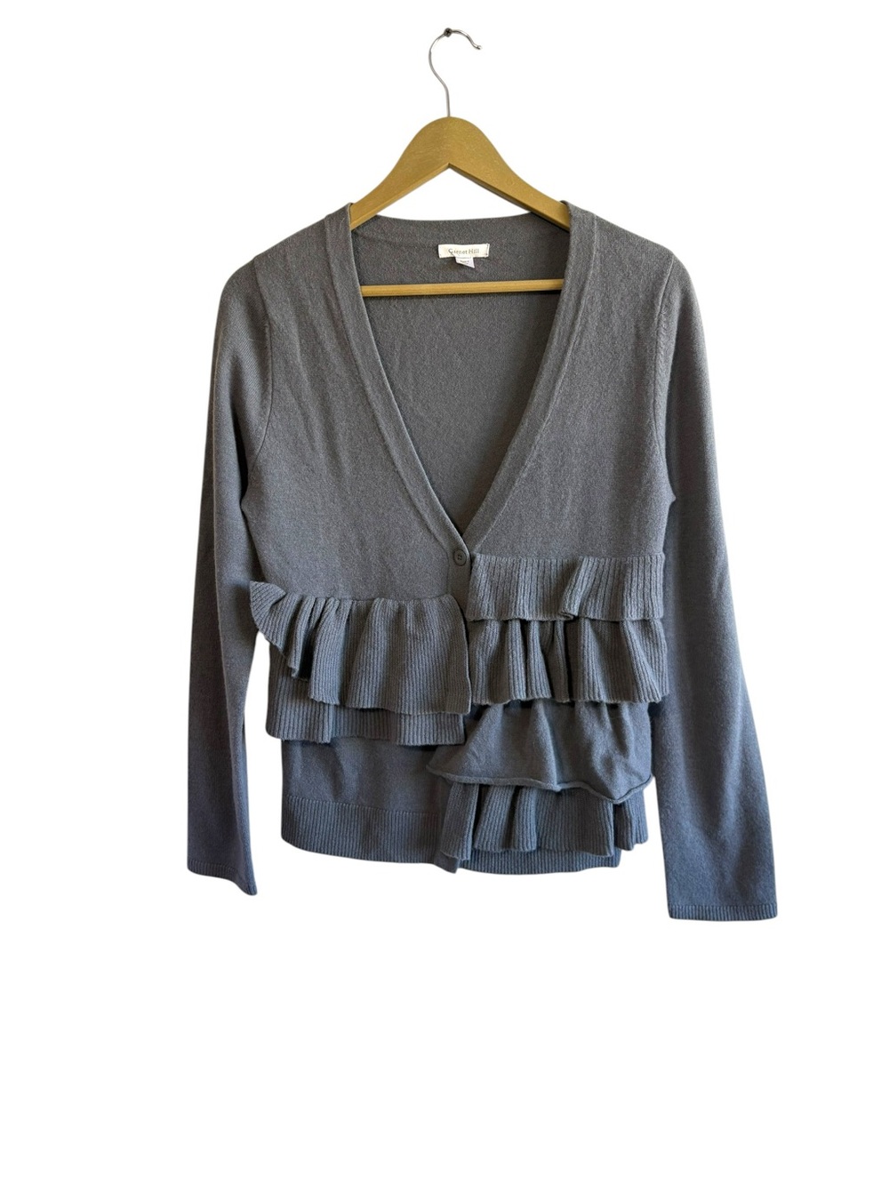 Garnet Hill Size Small Gray Wool Ruffle Button Up Cardigan Preppy Neutral Knit